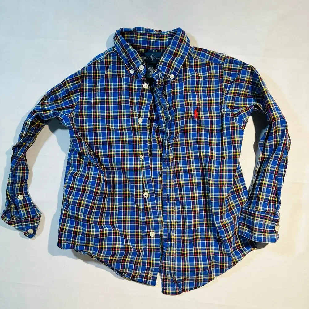 Ralph Lauren 100% Cotton Plaid Long Sleeve Button Down Poplin Top Sz 4
